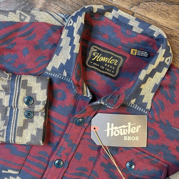 Howler Brothers Sheridan Flannel Shirt Pampas Men’s Med Navy Crimson Aztec $119 - Picture 1 of 7